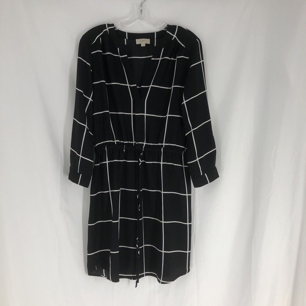 Loft Black Check Long Sleeve Dress Elastic Waist Long Sleeves Medium Knee Length